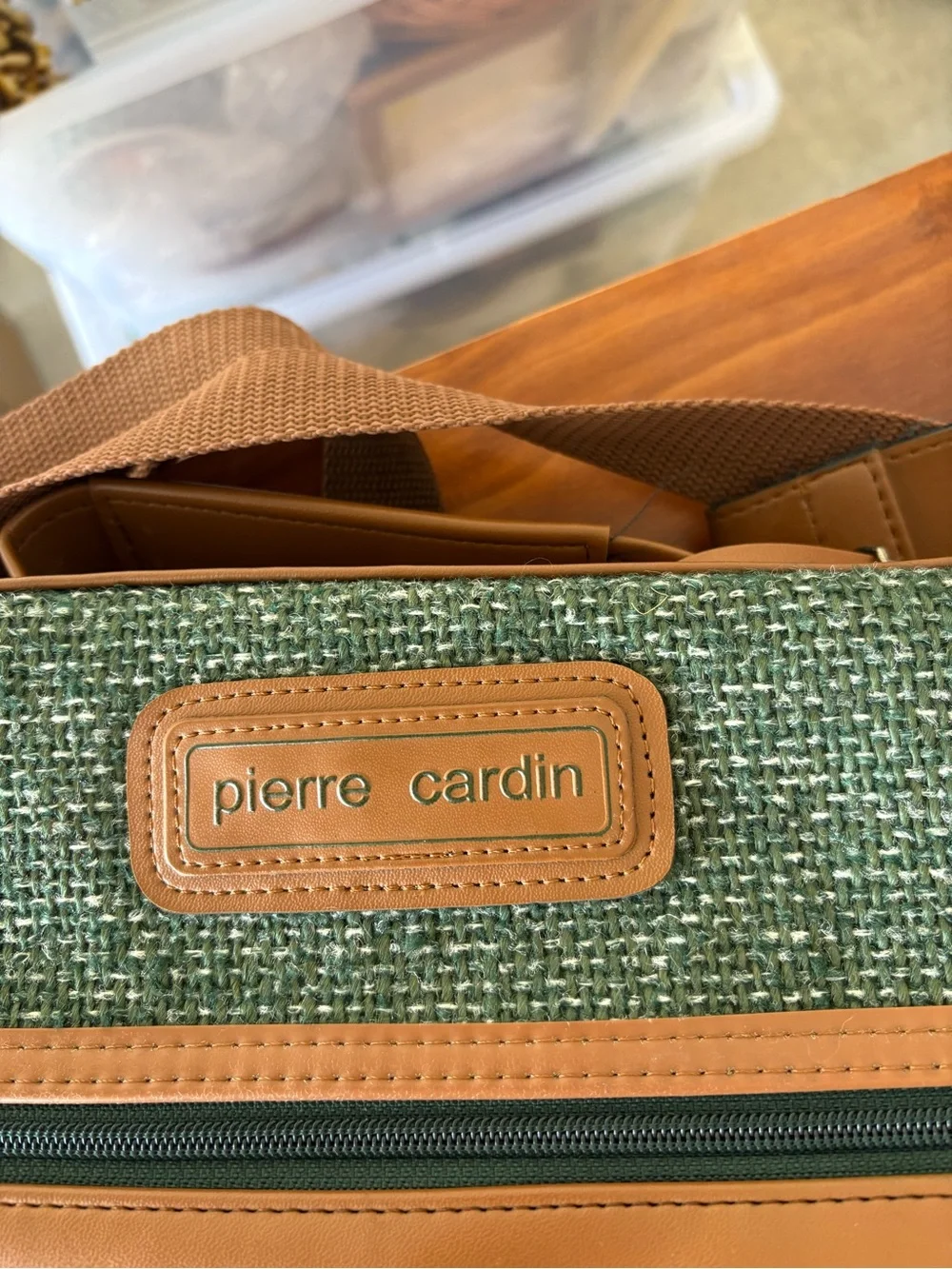 Pierre Cardin Green Tweed Duffel with Brown Leather Trim